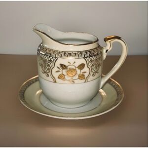 Vintage Chikaramachi Hand Painted Porcelain Creamer  Saucer Made In Japan